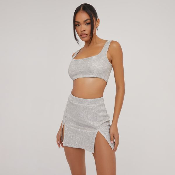 Square Neck Crop Top In Silver Shimmer, Women’s Size UK 6