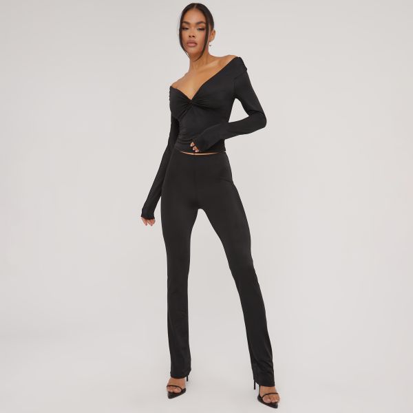 Long Sleeve Plunge Twist Detail Top And Leggings Co-Ord Set In Black Slinky, Women’s Size UK Medium M
