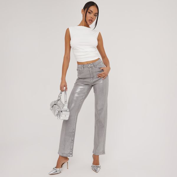 Mid Rise Silver Metallic Foil Spray Detail Straight Leg Jeans In Grey Denim, Women’s Size UK Extra Large XL