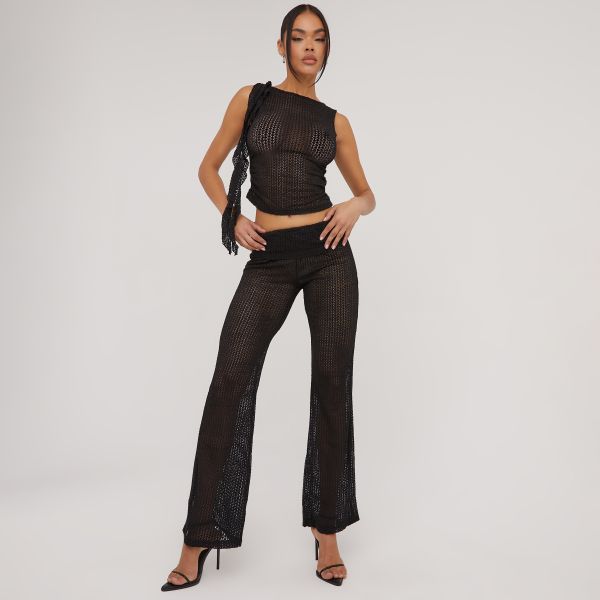 Sleeveless Frill Detail Top And Fold Over Flared Trousers Co-Ord Set In Black Textured Knit, Women’s Size UK Small S