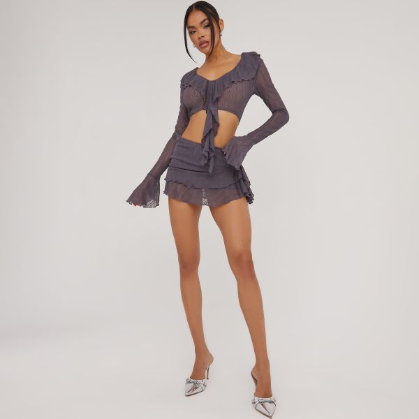 Frill Hem Detail Mini Skirt In Charcoal Texture, Women’s Size UK 6