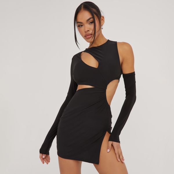 Cold Shoulder Slash Cut Out Detail Side Split Mini Dress In Black Slinky, Women’s Size UK 14