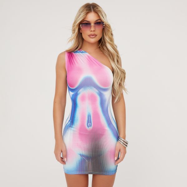 One Shoulder Body Print Mini Bodycon Dress In Blue And Pink, Women’s Size UK 6