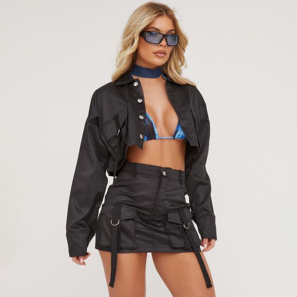 Oversized Belt Detail Cargo Style Cropped Jacket In Black, Women’s Size UK 14
