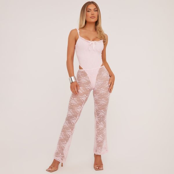 Frill Bow Detail Strappy Bodysuit And High Waist Flared Trousers Co-Ord Set In Baby Pink Lace, Women’s Size UK Small S