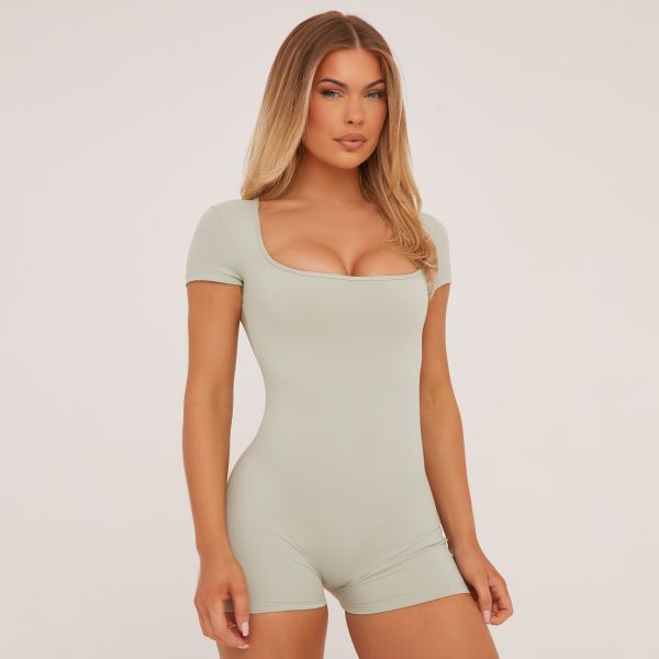 Short Sleeve Square Neck Playsuit In Sage Green Slinky, Women’s Size UK 8