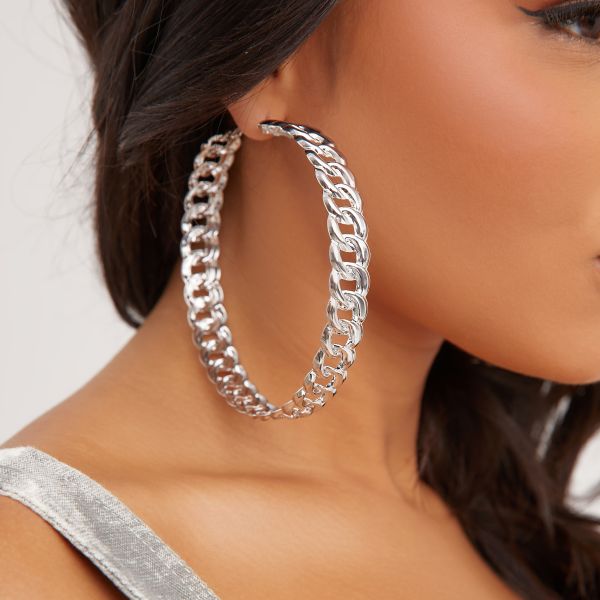 Chain Detail Oversized Hoop Earrings In Silver, Women’s Size UK One Size