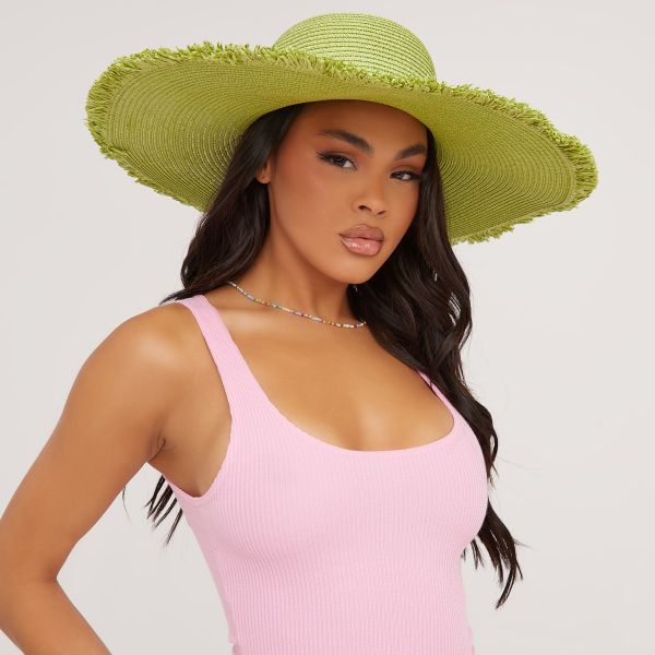 Oversized Frayed Detail Straw Hat In Lime Green, Women’s Size UK One Size