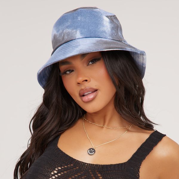 Tie Dye Detail Bucket Hat In Blue And Black, Women’s Size UK One Size