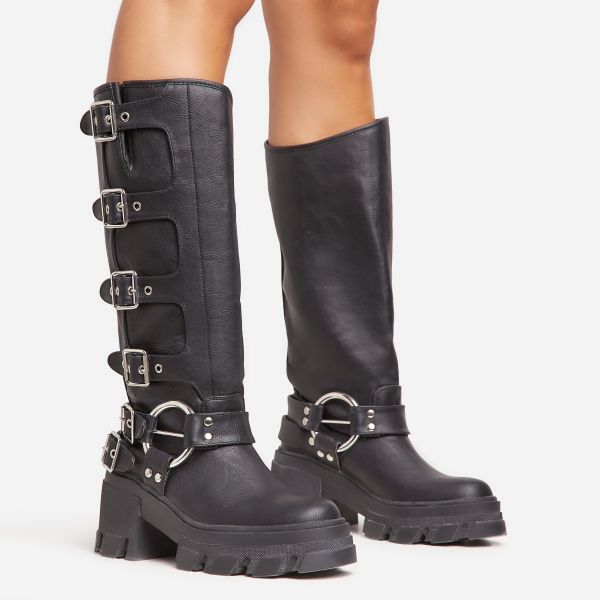 Buckle-Up-Now Side Buckle Detail Chunky Sole Mid Calf Biker Boot In Black Faux Leather, Women’s Size UK 7