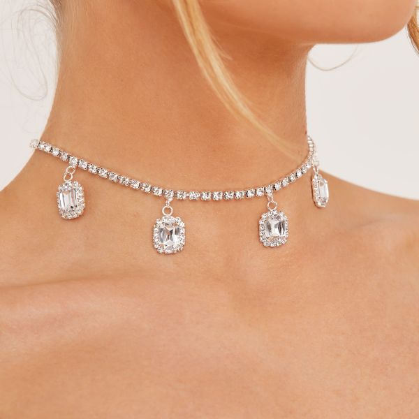 Diamante Drop Gem Detail Choker Necklace In Silver, Women’s Size UK One Size