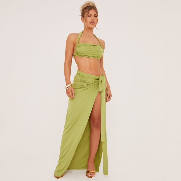 Halterneck Crop Top And Tie Side Maxi Skirt Co-Ord Set In Olive Green Slinky, Women’s Size UK Medium M
