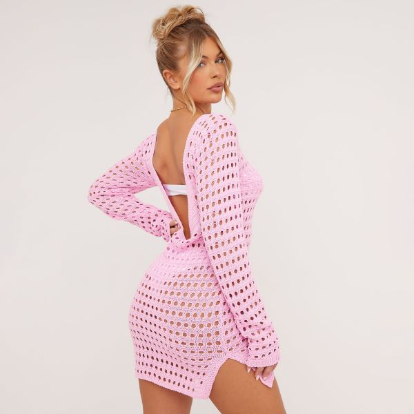 Long Sleeve Backless Mini Dress In Pink Crochet Knit, Women’s Size UK 6