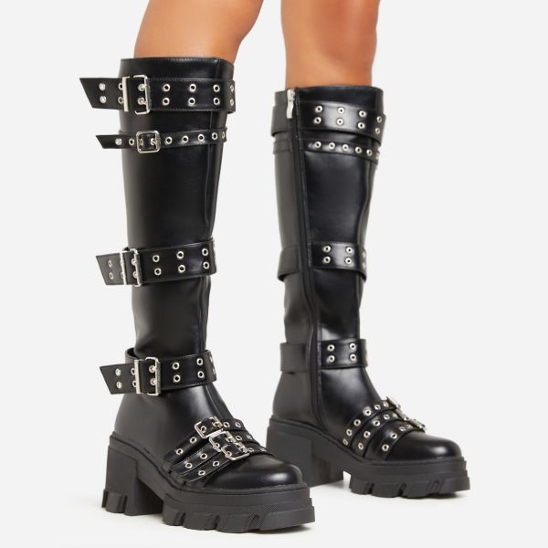 Blade Chunky Sole Multi Buckle Strap Detail Knee High Long Biker Boot In Black Faux Leather, Women’s Size UK 5