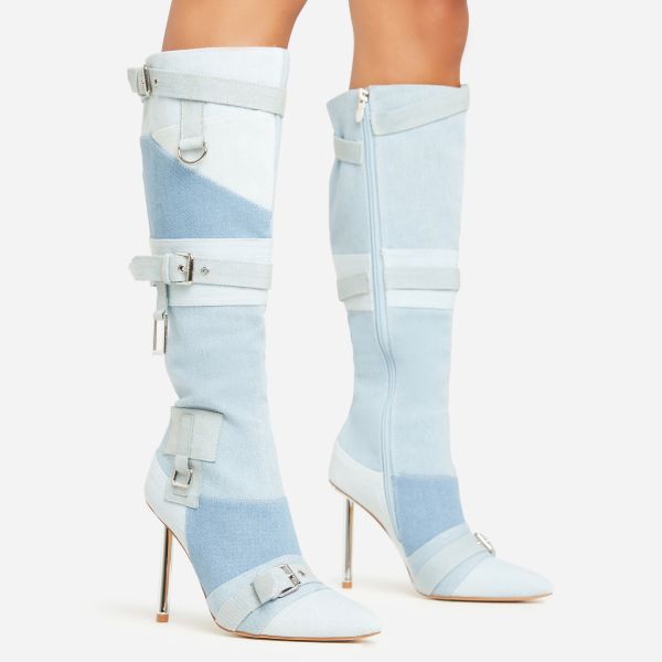 Dove Multi Buckle Strap Pointed Toe Metallic Stiletto Heel Knee High Long Boot In Contrast Blue Denim, Women’s Size UK 6