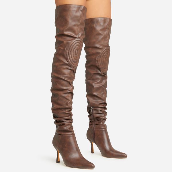 Komodo Knee Pad Ruched Detail Pointed Toe Flared Block Heel Over The Knee Thigh High Long Boot In Brown Faux Leather, Women’s Size UK 5