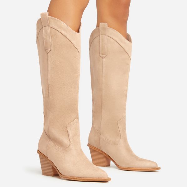 El-Paso Pointed Toe Block Heel Western Cowboy Knee High Long Boot In Nude Faux Suede, Women’s Size UK 6