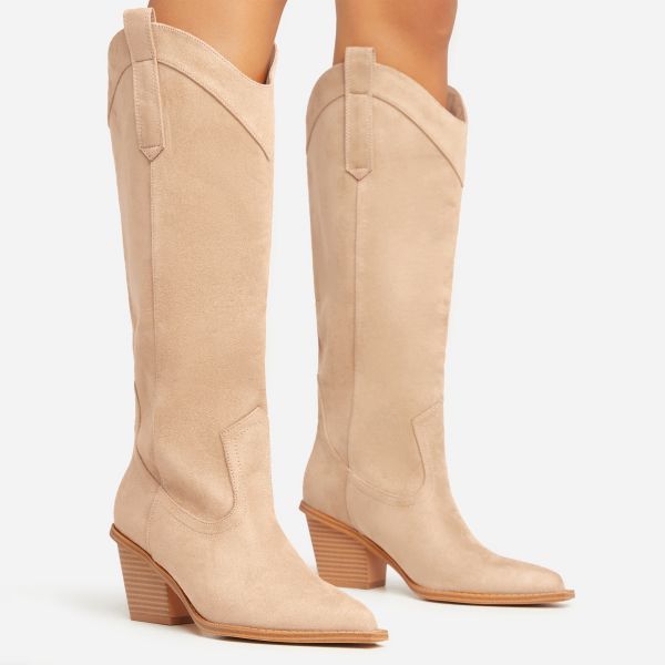El-Paso Pointed Toe Block Heel Western Cowboy Knee High Long Boot In Nude Faux Suede, Women’s Size UK 5