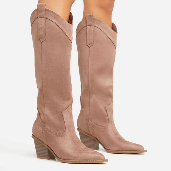 El-Paso Pointed Toe Block Heel Western Cowboy Knee High Long Boot In Taupe Faux Suede, Women’s Size UK 6