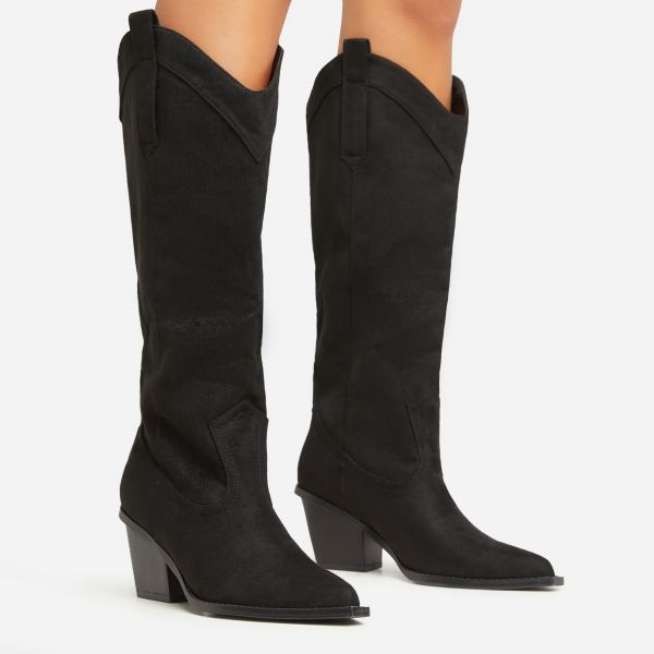 El-Paso Pointed Toe Block Heel Western Cowboy Knee High Long Boot In Black Faux Suede, Women’s Size UK 3