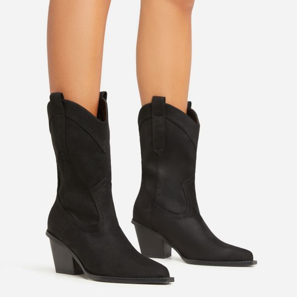 Houston Pointed Toe Block Heel Western Cowboy Ankle Boot In Black Faux Suede, Women's Size Uk 9