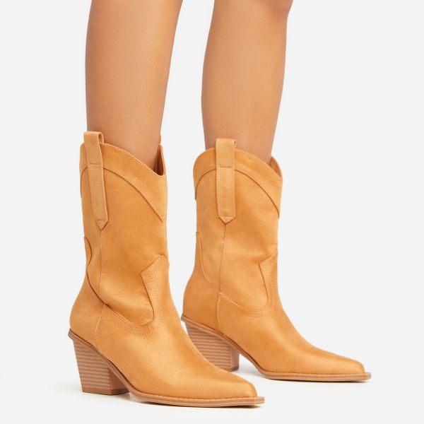 Houston Pointed Toe Block Heel Western Cowboy Ankle Boot In Tan Brown Faux Suede, Women’s Size UK 7