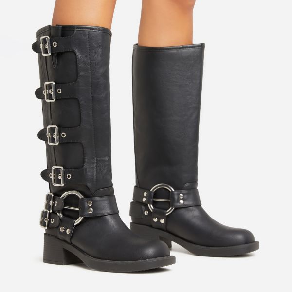 Buckle-Down Side Buckle Detail Mid Calf Biker Boot In Black Faux Leather, Women’s Size UK 5