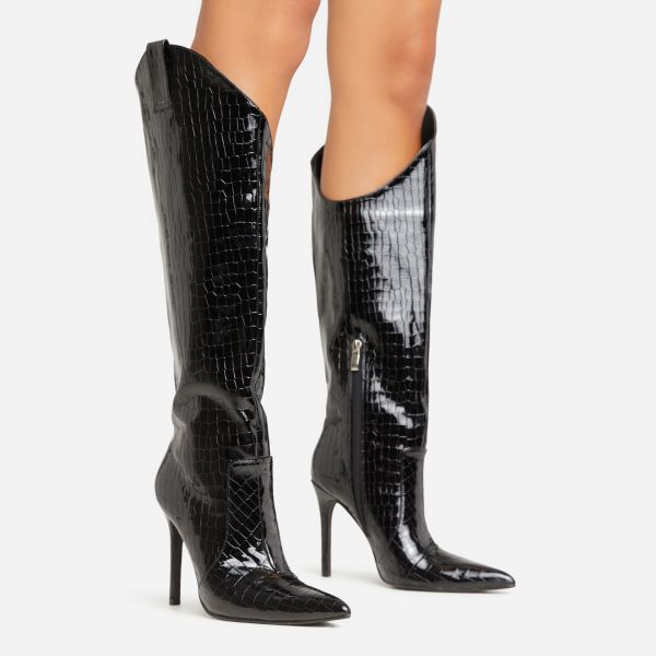 Iris Asymmetric Pointed Toe Stiletto Heel Knee High Long Boot In Black Croc Print Faux Leather, Women’s Size UK 6