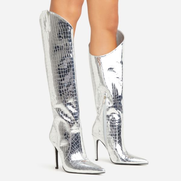 iris asymmetric pointed toe stiletto heel knee high long boot in silver croc print faux leather, women's size uk 5