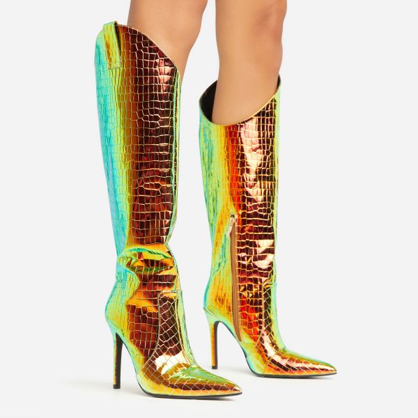 Iris Asymmetric Pointed Toe Stiletto Heel Knee High Long Boot In Iridescent Croc Print Faux Leather, Women’s Size UK 4