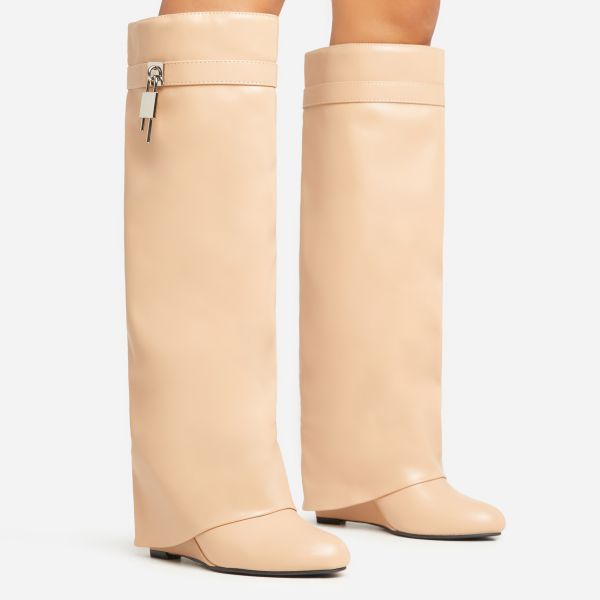 I-Am-The-One Padlock Detail Wedge Heel Knee High Long Boot In Nude Faux Leather, Women’s Size UK 7