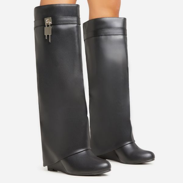 I-Am-The-One Padlock Detail Wedge Heel Knee High Long Boot In Black Faux Leather, Women’s Size UK 5