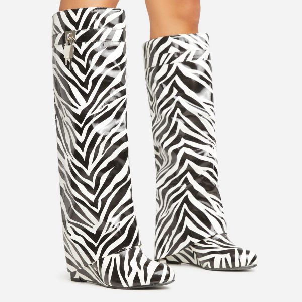 I-Am-The-One Padlock Detail Wedge Heel Knee High Long Boot In Zebra Print Patent, Women’s Size UK 5