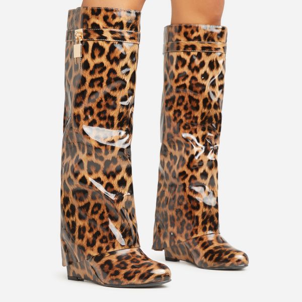 I-Am-The-One Padlock Detail Wedge Heel Knee High Long Boot In Leopard Print Patent, Women’s Size UK 4