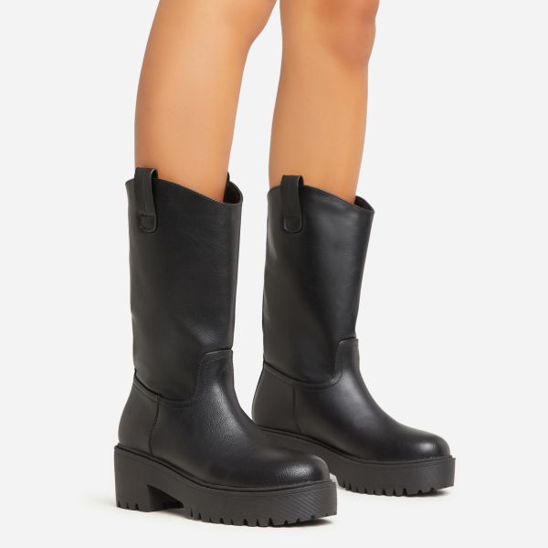 Texas Chunky Sole Western Cowboy Ankle Biker Boot In Black Faux Leather, Women’s Size UK 8