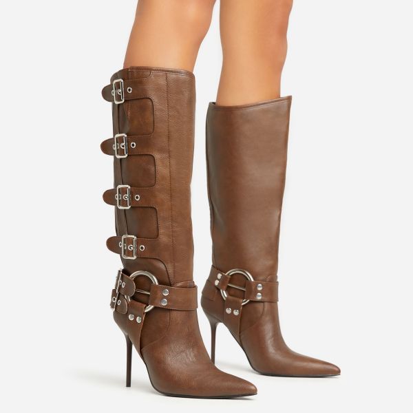 Rockstar Buckle Ring Detail Pointed Toe Stiletto Heel Mid Calf Biker Boot In Brown Faux Leather, Women’s Size UK 6