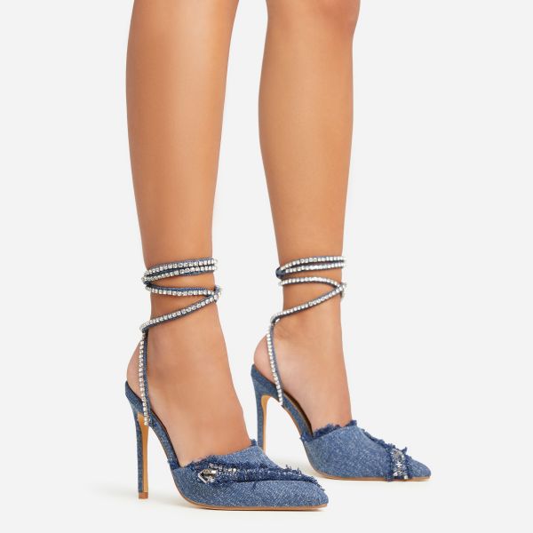 Lorde Lace Up Diamante Strap Zip Detail Pointed Toe Stiletto Heel In Blue Denim, Women’s Size UK 6