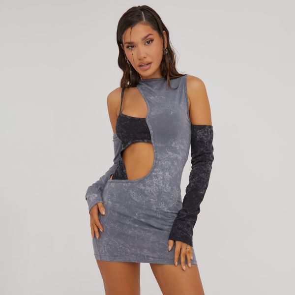 Cold Shoulder Cut Out Detail Contrast Double Layer Mini Dress In Grey Acid Wash, Women’s Size UK 6