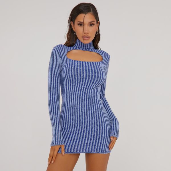 High Neck Long Sleeve Cut Out Detail Contrast Mini Bodycon Dress In Blue Knit, Women’s Size UK Small S