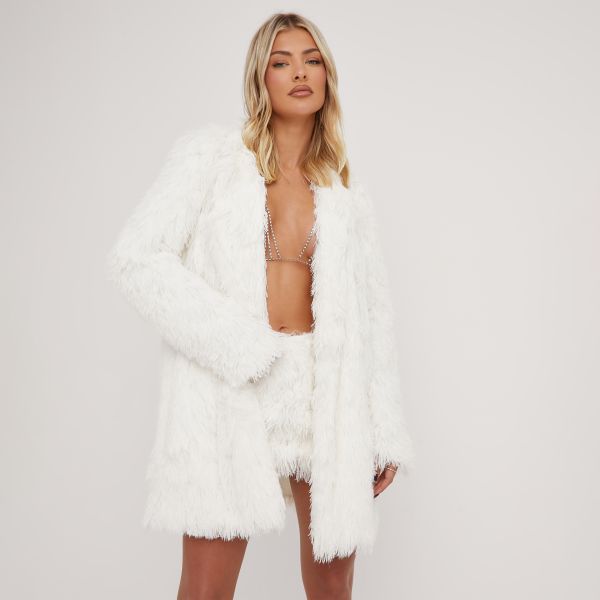 Oversized Blazer In White Faux Fur, Women’s Size UK Large L
