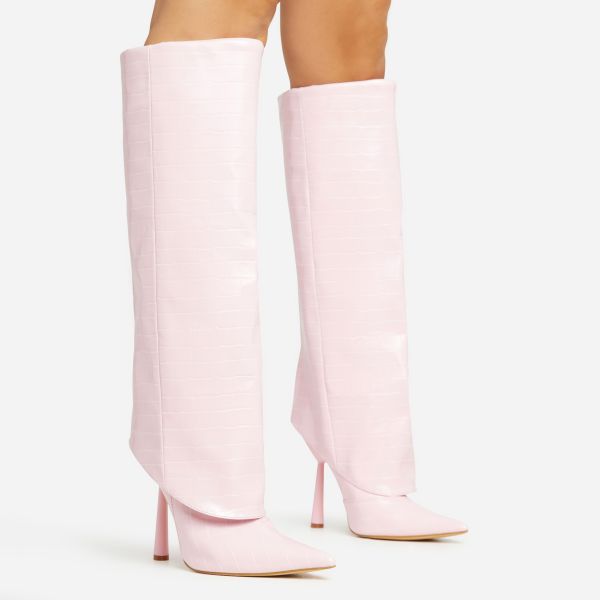 Narla Layered Detail Pointed Toe Thin Round Heel Knee High Long Boot In Pink Croc Print Faux Leather, Women’s Size UK 6