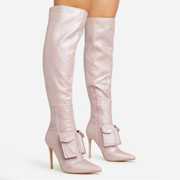 Disco-Ball Pocket Detail Pointed Toe Stiletto Heel Knee High Long Boot In Pink Glitter, Women’s Size UK 7