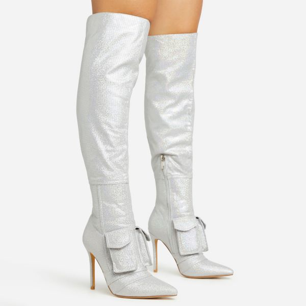 Disco-Ball Pocket Detail Pointed Toe Stiletto Heel Knee High Long Boot In Silver Glitter, Women’s Size UK 5