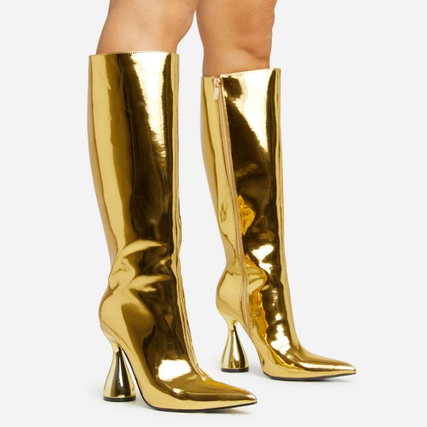 Hero Pointed Toe Statement Block Heel Knee High Long Boot In Gold Patent, Women’s Size UK 4