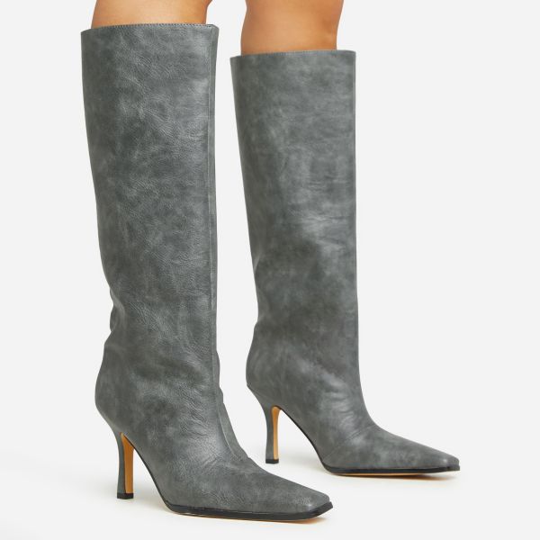 Cecil Square Toe Stiletto Heel Knee High Long Boot In Grey Acid Wash Faux Leather, Women’s Size UK 5