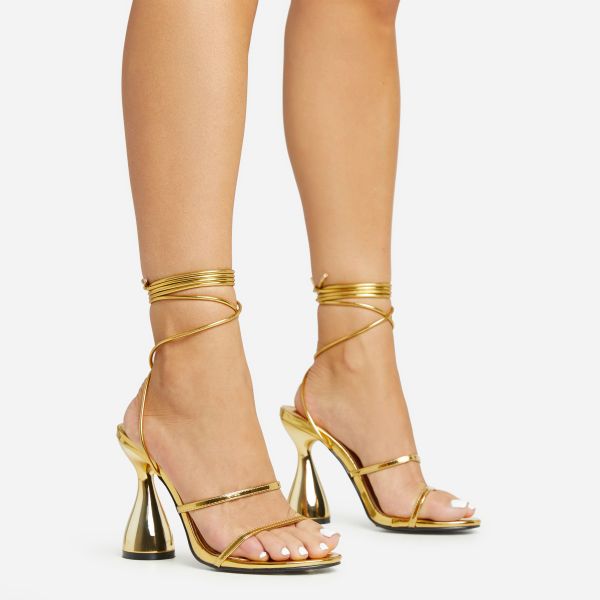 Vida-Mia Lace Up Double Strap Detail Statement Block Heel In Gold Patent, Women’s Size UK 6