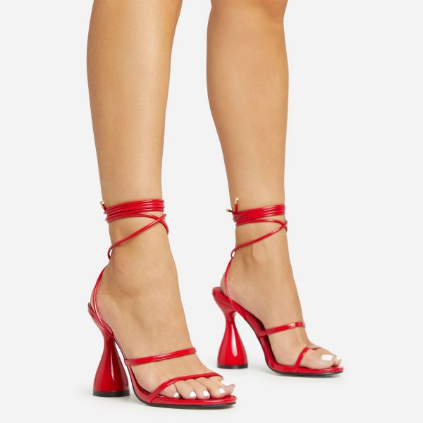 Vida-Mia Lace Up Double Strap Detail Statement Block Heel In Red Patent, Women’s Size UK 5
