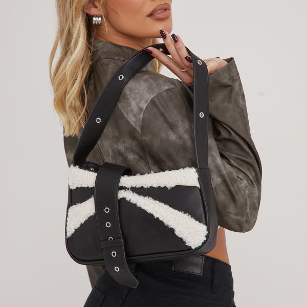 Romero Faux Shearling Trim Detail Shaped Shoulder Bag In Black Faux Leather, Women’s Size UK One Size