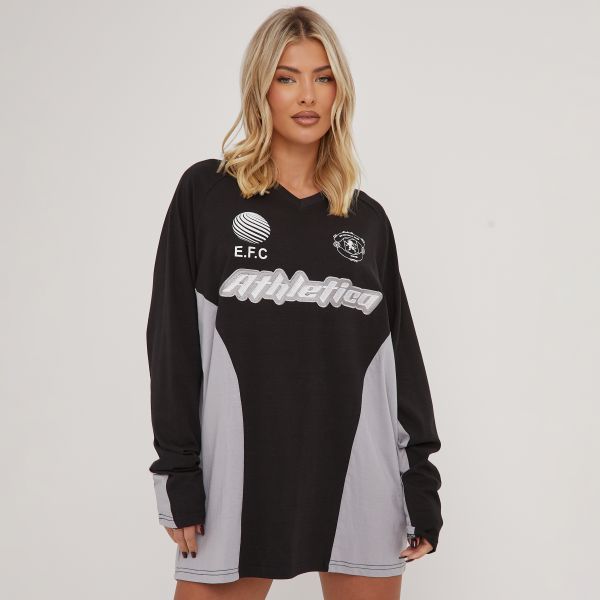 Oversized Contrast Sporty Graphic Print T-Shirt Dress In Black, Women’s Size UK 6