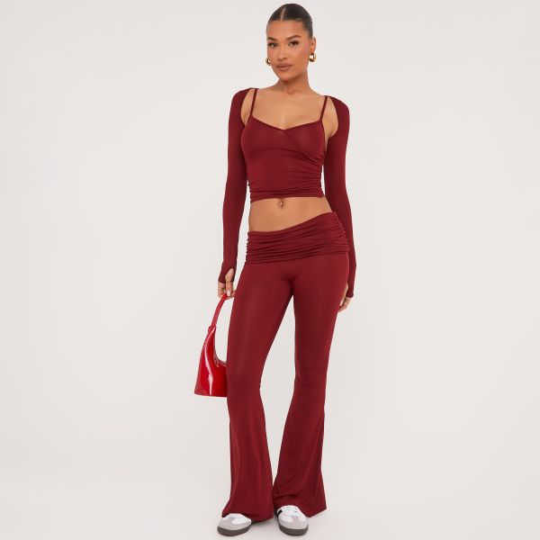 Low Rise Fold Over Waistband Flared Trousers In Burgundy, Women’s Size UK 12